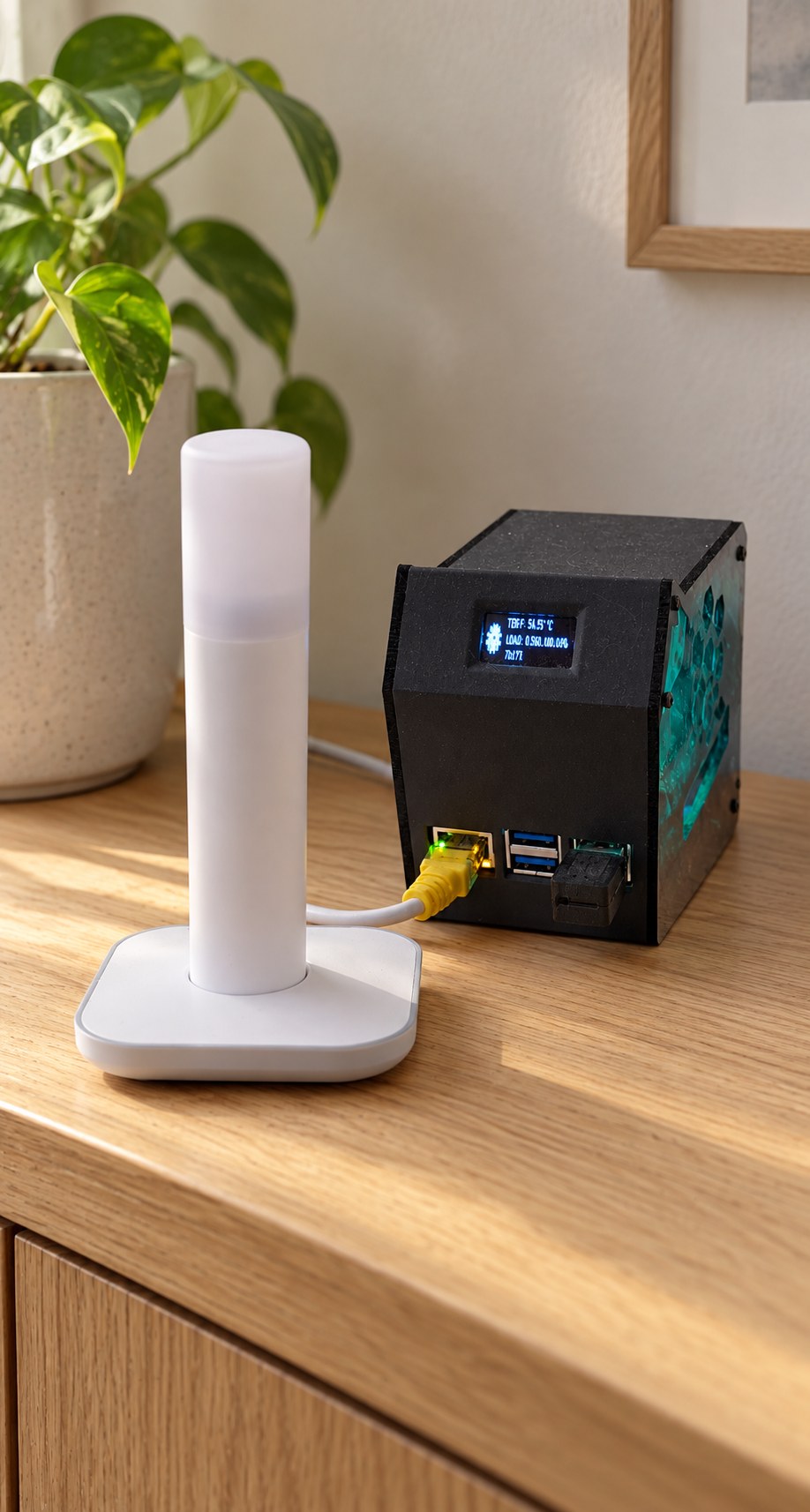 Nexus, vår Raspberry Pi 5 i svart hölje, med en vit Zigbee-antenn framför